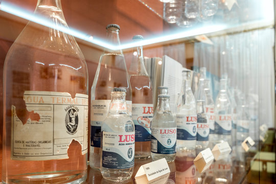 Exhibition of bottles with thermal and mineral waters named Luso