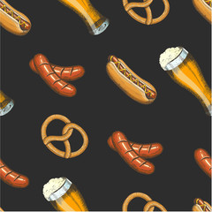 Oktoberfest celebration seamless pattern with beer, pretzel, sausage and hod dog in sketch style.  Hand made lettering. Seamless background for wallpaper, web page background, surface textures, menu