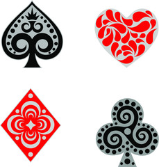 Set of hearts, spades, clubs and diamonds. Playing card suits, spade, heart, club and diamond vector set for your design or logo. Set of playing card casino symbol. Vector illustration.