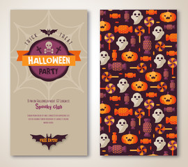 Halloween two sides poster or flyer. Vector illustration. Halloween party invitation, menu design. Place for text message.