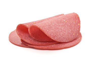 Salami smoked sausage slices, isolated on white background