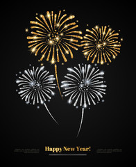 Vector gold and silver fireworks on black background. Gold Glitter Texture, Sequins Pattern. Lights and Sparkles. Glowing Celebration New Year or Christmas Holiday Backdrop. Place for your text.