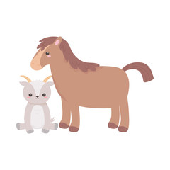cute horse and goat grass bush cartoon animals isolated white background design