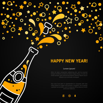 Happy New Year 2021 greeting card or poster design with minimalistic line flat champagne explosion bottle and place for your text message. Vector illustration. Stars and particles foam splash.