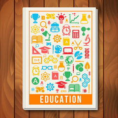 Vector Education Concept. E-learning and Science Icons and Signs in Square Frame. Book Cover Design Template. Back to School. Arts and Science.