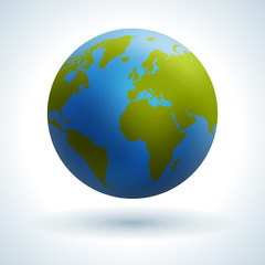Globe 3d icon. Green map of the continents of the world. Vector illustration. Smooth reflexes.