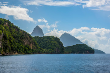 An early morning view along the coast of St Lucia towards the Pitons in the distance