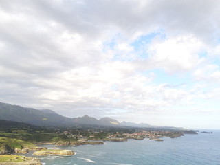 Fototapeta premium Asturias. Coastal cliffs landscape in beach of Cue.Spain. Aerial Drone Photo