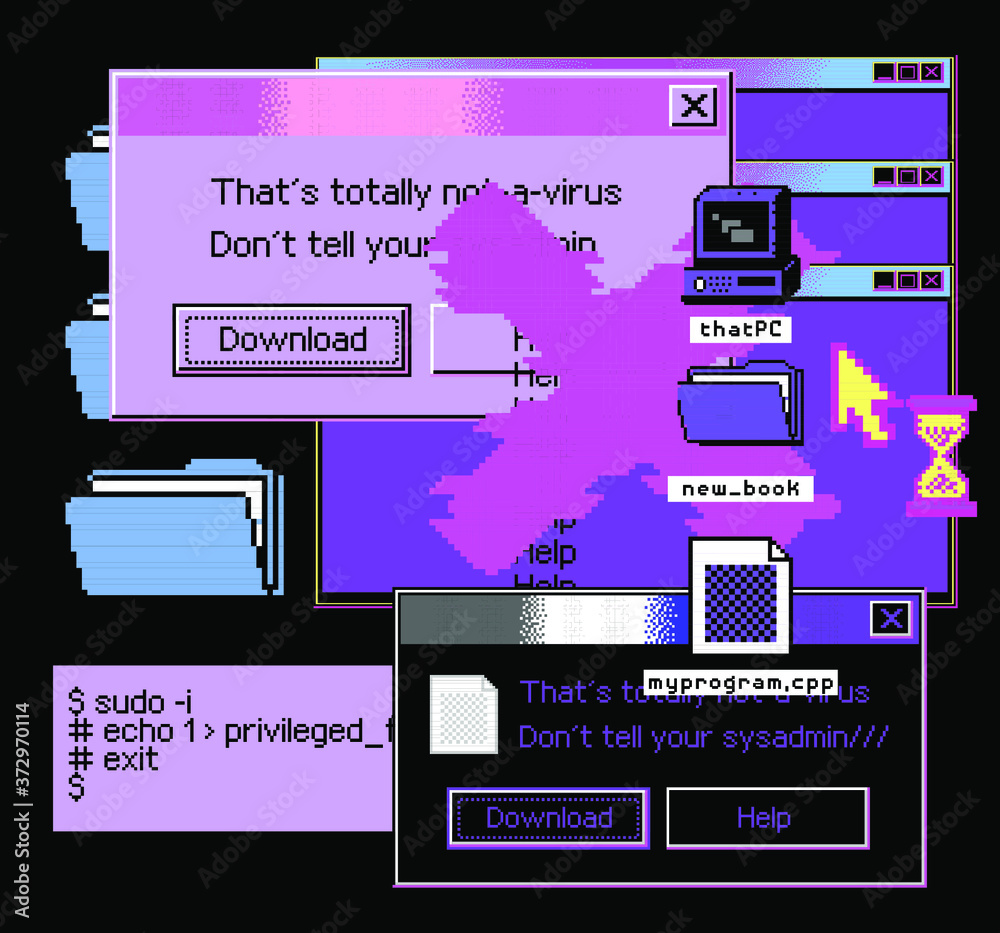 Fototapete Conceptual illustration of a virus programm, malware, hacker attack. Infected computer screen with warning messages and buggy and glitchy pixels.