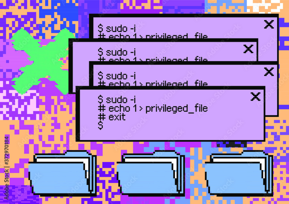 Fototapete Conceptual illustration of a virus programm, malware, hacker attack. Infected computer screen with warning messages and buggy and glitchy pixels.