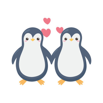 cute couple penguin hearts leaves cartoon animals