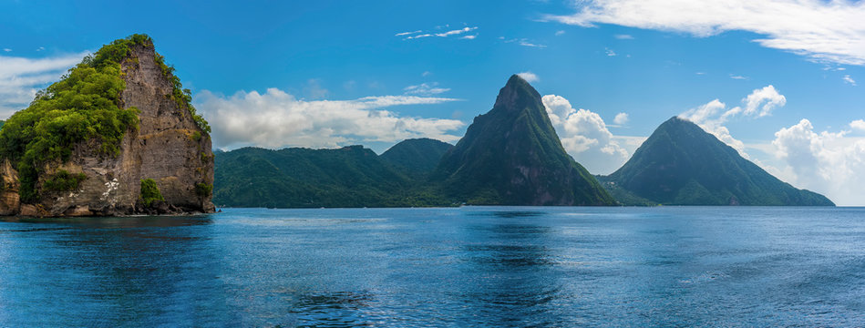 A panorama view towards Soufriere Bay, St Lucia with the Pitons in the distance