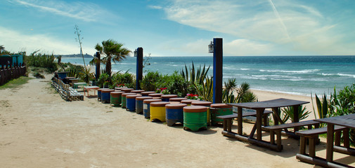 View of a terrace on a sunny day in Zahora Beach, Cadiz, Spain
