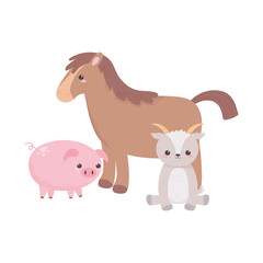 cute horse goat piggy flowers bush grass cartoon animals isolated white background design