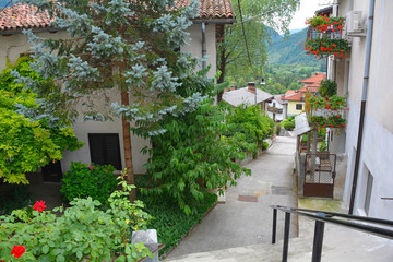 A residential pedestrianised backstreet in Tolmin in the Primorska region of western Slovenia
