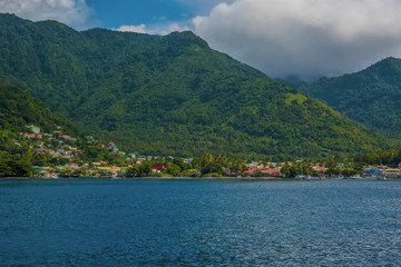 A towards Soufriere in St Lucia from a boat in the bay