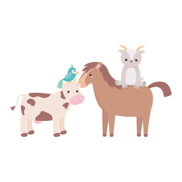 cute horse goat cow and parrot cartoon animals