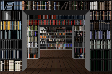 Library. Bookshelves with many different books. Vector illustration.