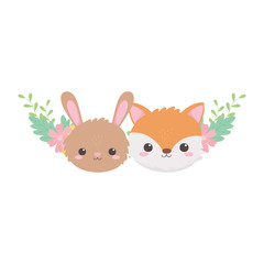 Obraz na płótnie Canvas cute rabbit fox faces hearts leaves cartoon animals isolated white background design