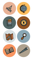 Highlight vector illustration icons set, social media collection. Icons with elements of geography, globe, compass, map, textbook, magnifying glass, telescope.