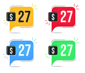27 dollar price. Yellow, red, blue and green currency tags with balloon concept.