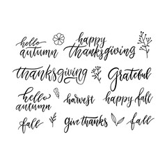Autumn and Thanksgiving hand written brush lettering and doodles floral icons set, isolated on white. Seasonal calligraphy. Typographic design elements for stickers, gift tags, greeting cards. Vector