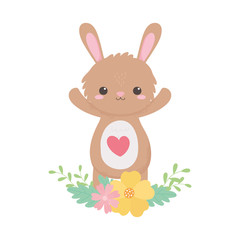 cute little rabbit flowers hearts lovely cartoon animals in a natural landscape