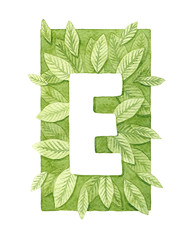 Capital letter E monogram. White letter on green leaves background. Botanical illustration. Real watercolor. Foliage monogram.