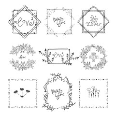 Hand Drawn Valentine's set with wreath, heart, and hand lettering. Vector Square Frames and Flowers Wreath. Template for Valentine's Day Greeting Cards