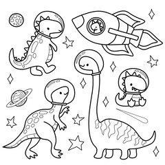 A set of dinosaurs in space in a childish style, cute doodle for decoration.