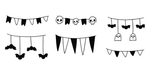 Halloween flags drawn by hand on white background. Vector doodle illustrations of different spooky decorations banners with skulls and bats.