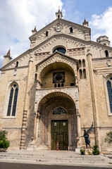 Facade of the catholic middle ages romanic Verona Cathedral, Northern Italy.