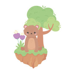 cute little bear sitting with flowers and tree cartoon animals in a natural landscape