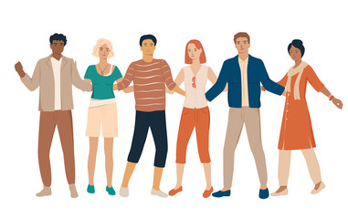 Set of young men and women standing with their arms around each other, friendship different nationalities, different colors, cartoon character, silhouettes of people, student, flat icon design concept