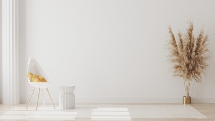 Empty room interior with column and white chair with yellow pillow, coffee table on white wall background, modern living room mock up,  3d rendering © Oleksandr