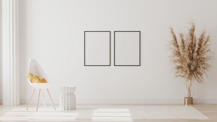 Blank frames on white wall in empty room with column and white chair with yellow pillow, coffee table , 3d rendering