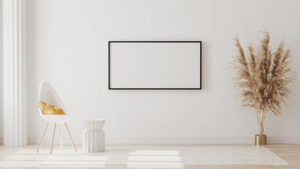 Blank picture frame on white wall in empty room with column and white chair with yellow pillow, coffee table , 3d rendering
