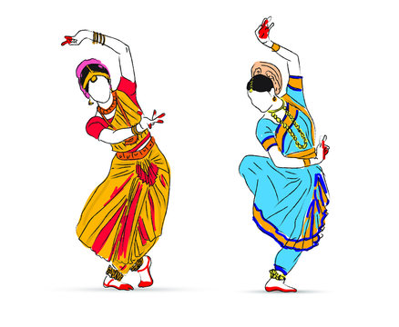 Indian dance bhartnatyam graphic illustration two woman Design.