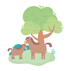 cute horse and foal tree bush grass cartoon animals in a natural landscape