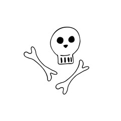 Doodle image of a skull with bones. Vector for web, textile, decoration, stickers. Simple black and white picture. Halloween.