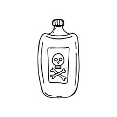 Doodle image of a bottle of poison. Vector for web, textile, decoration, stickers. Simple black and white picture. Halloween.