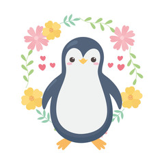 cute little penguin flowers hearts cartoon animal