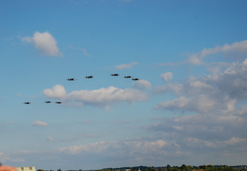 Fototapeta na wymiar A flight of World War II era Supermarine Spitfires perform a fly past