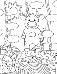 Cute simple children's coloring book with bull, nature and ornament. Outline on a white background, sketch, silhouette, Doodle, vector illustration