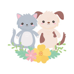 cute cat and dog flowers foliage cartoon animals isolated white background design