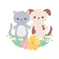 Fotobehang cute cat and dog flowers foliage cartoon animals isolated white background design © Stockgiu