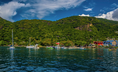 A view of boats moored in Soufriere Bay in St Lucia