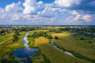 Fototapeta na wymiar A beautiful view of the villages of Goritsy, Dunilovo and the Teza River, Ivanovo region on a summer day.