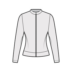 Zip-up cotton-jersey sweatshirt technical fashion illustration with fitted body, crew neckline, long sleeves. Flat jumper apparel outwear template front, grey color. Women, men, unisex top CAD mockup