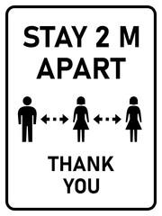 Stay 2 M or 2 Metres Apart Thank You Vertical Social Distancing Instruction Sign with an Aspect Ratio of 3:4. Vector Image.